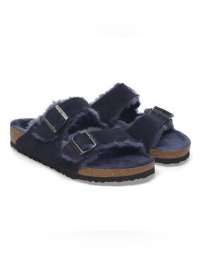 Birkenstock Navy Shearling Double-Strap Sandals